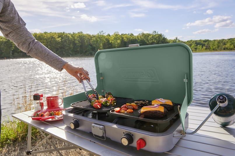 imageColeman Cascade Stove Grill ampamp Griddle Accessories Cast Iron Cooking Grates for Cascade Stoves Carry Case Included
