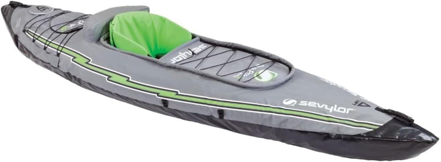 imageSevylor QuickPak K5 24 Gauge PVC Polyester 1 Person Inflatable Kayak wHand Pump Paddle Double Lock Valves and Easy To Carry Backpack System Gray