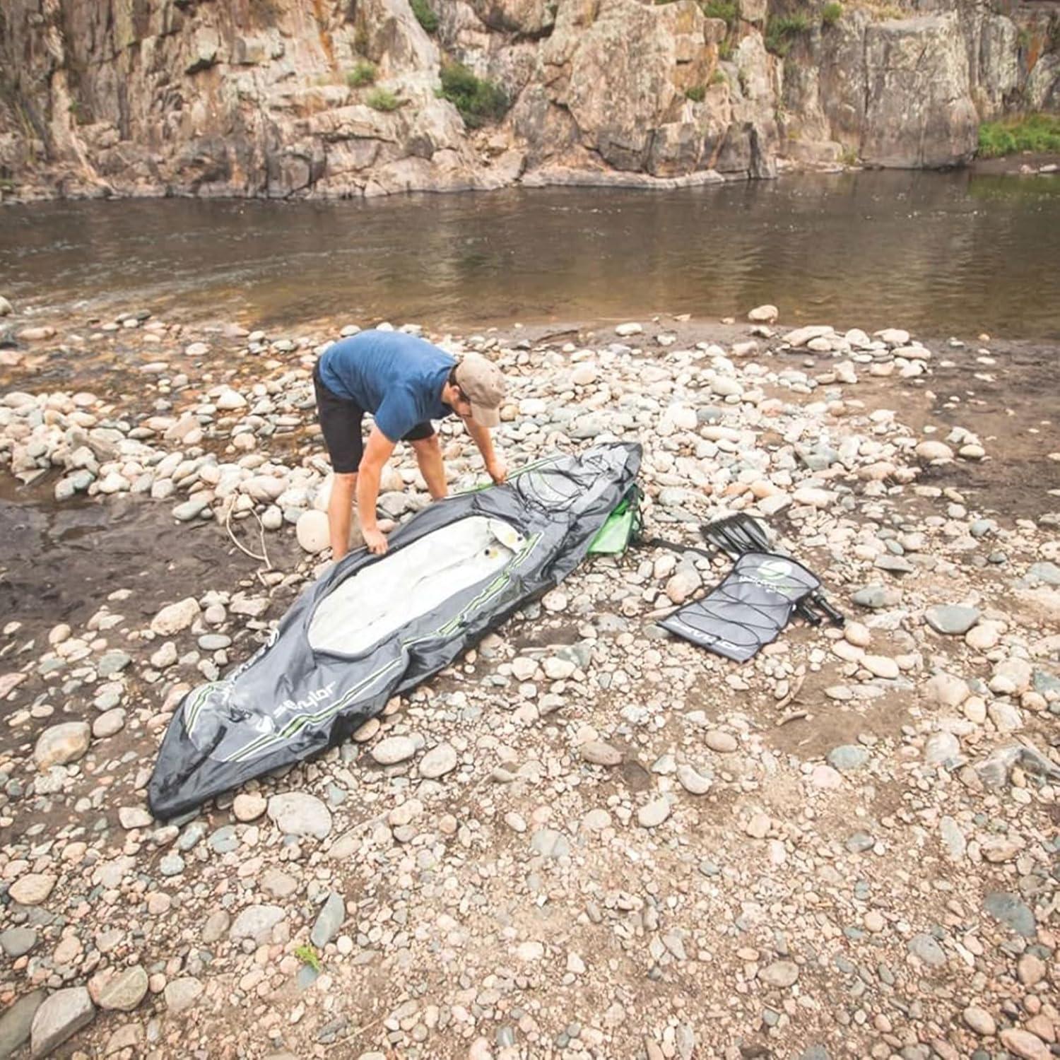 imageSevylor QuickPak K5 24 Gauge PVC Polyester 1 Person Inflatable Kayak wHand Pump Paddle Double Lock Valves and Easy To Carry Backpack System Gray