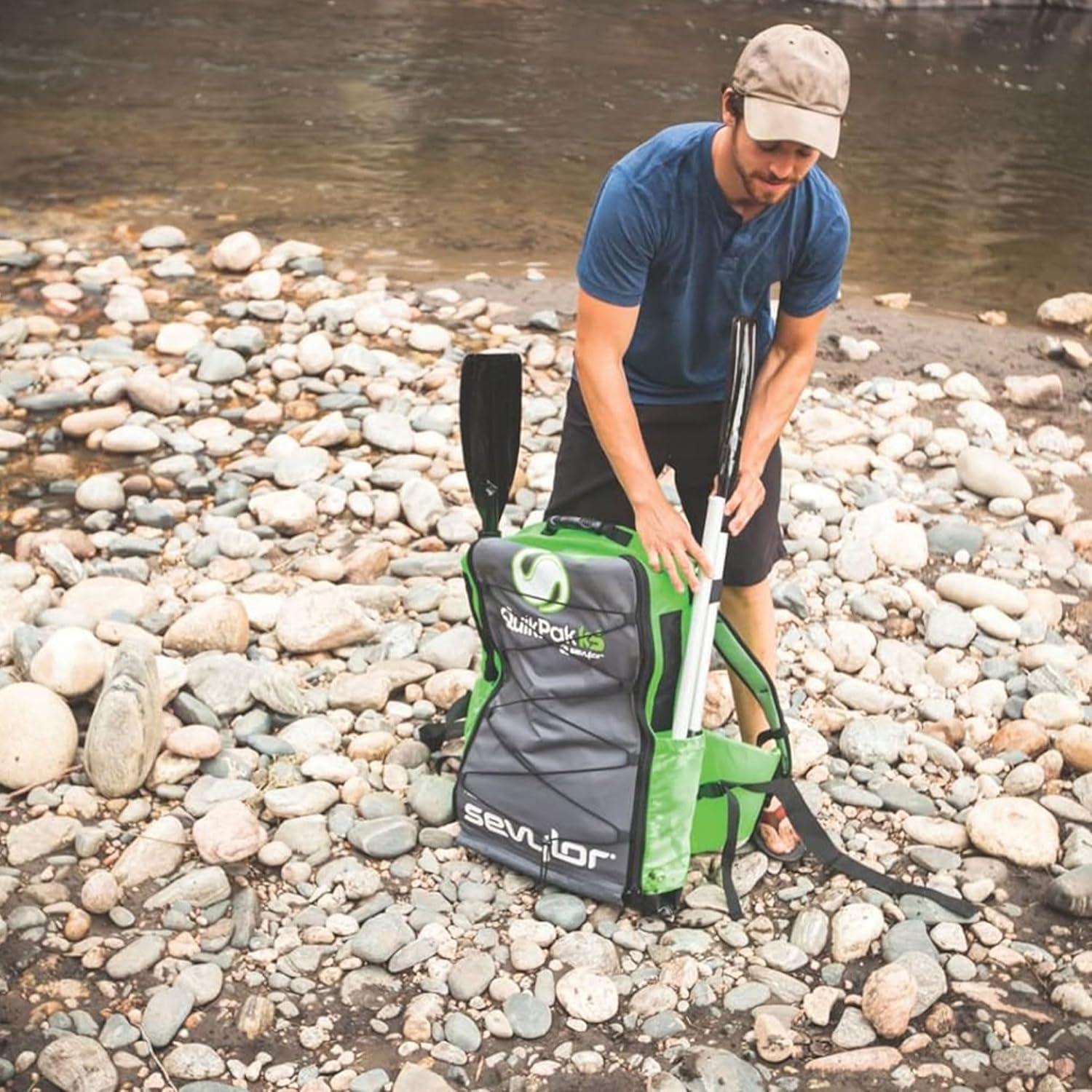 imageSevylor QuickPak K5 24 Gauge PVC Polyester 1 Person Inflatable Kayak wHand Pump Paddle Double Lock Valves and Easy To Carry Backpack System Gray