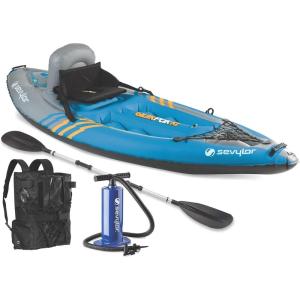 Sevylor QuickPak K1 1-Person Inflatable Kayak, Kayak Folds into Backpack with 5-Minute Setup, 21-Gauge PVC Construction; Hand Pump & Paddle Included