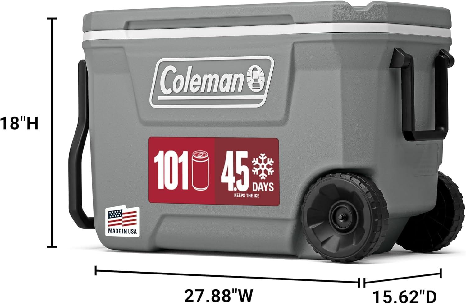 imageColeman Classic Series Insulated Portable Rolling Cooler with Wheels LeakResistant Outdoor Hard Cooler Keeps Ice up to 5 Days 100QuartRock Grey