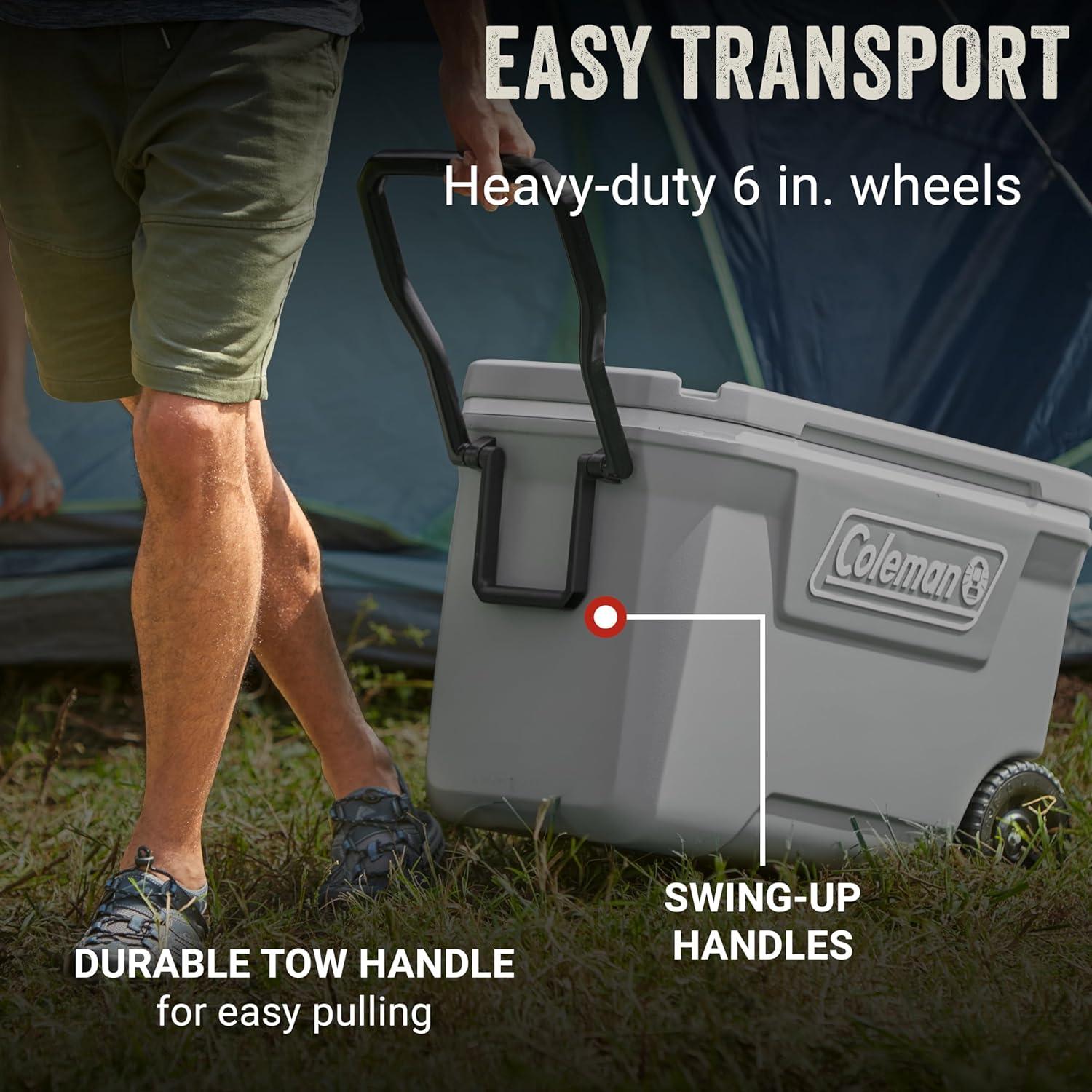 imageColeman Classic Series Insulated Portable Rolling Cooler with Wheels LeakResistant Outdoor Hard Cooler Keeps Ice up to 5 Days 100QuartRock Grey