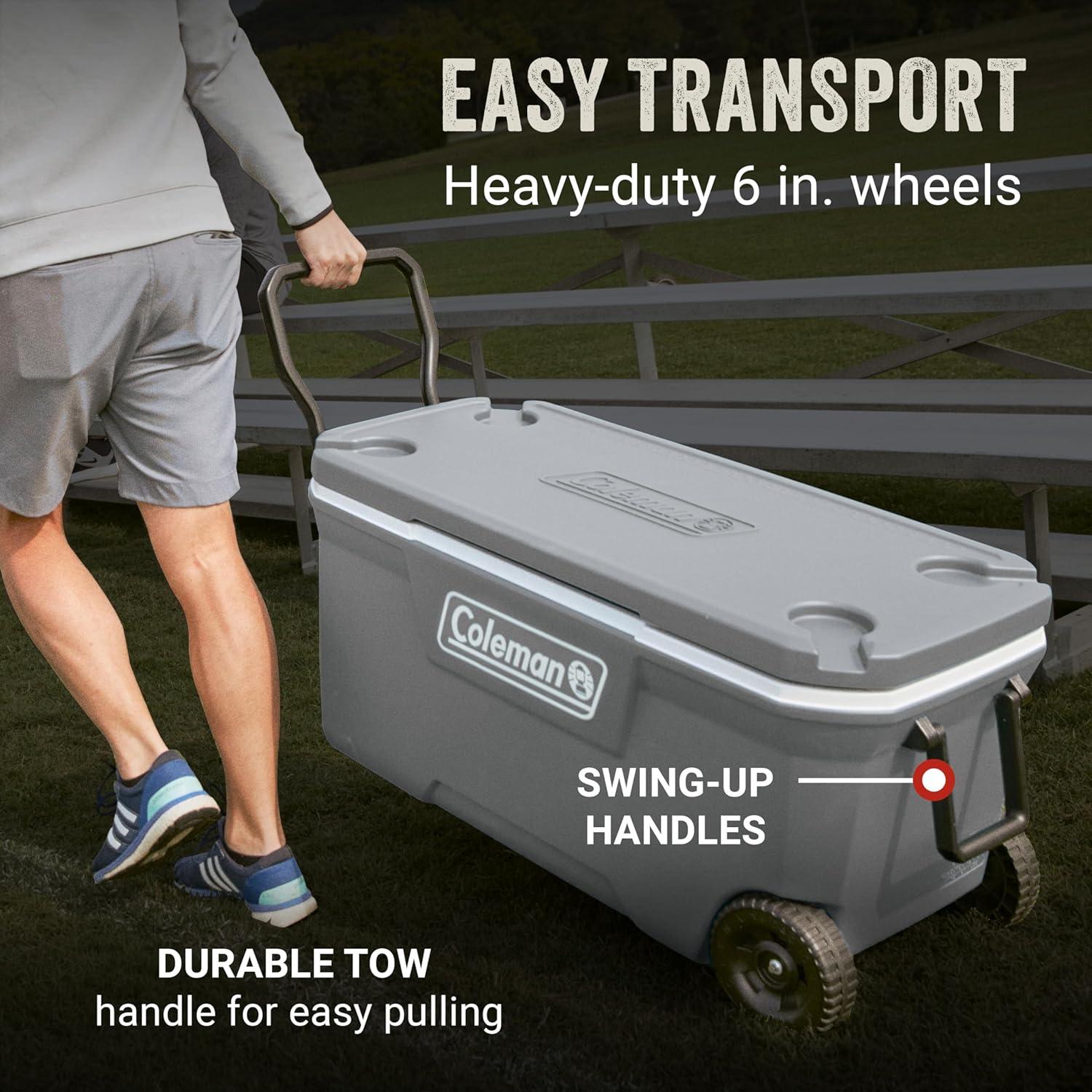 imageColeman Classic Series Insulated Portable Rolling Cooler with Wheels LeakResistant Outdoor Hard Cooler Keeps Ice up to 5 Days 100QuartRock Grey