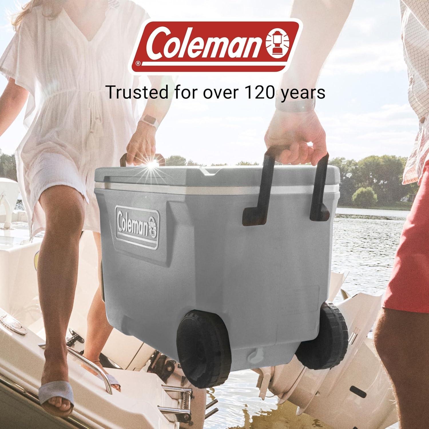 imageColeman Classic Series Insulated Portable Rolling Cooler with Wheels LeakResistant Outdoor Hard Cooler Keeps Ice up to 5 Days 100QuartRock Grey