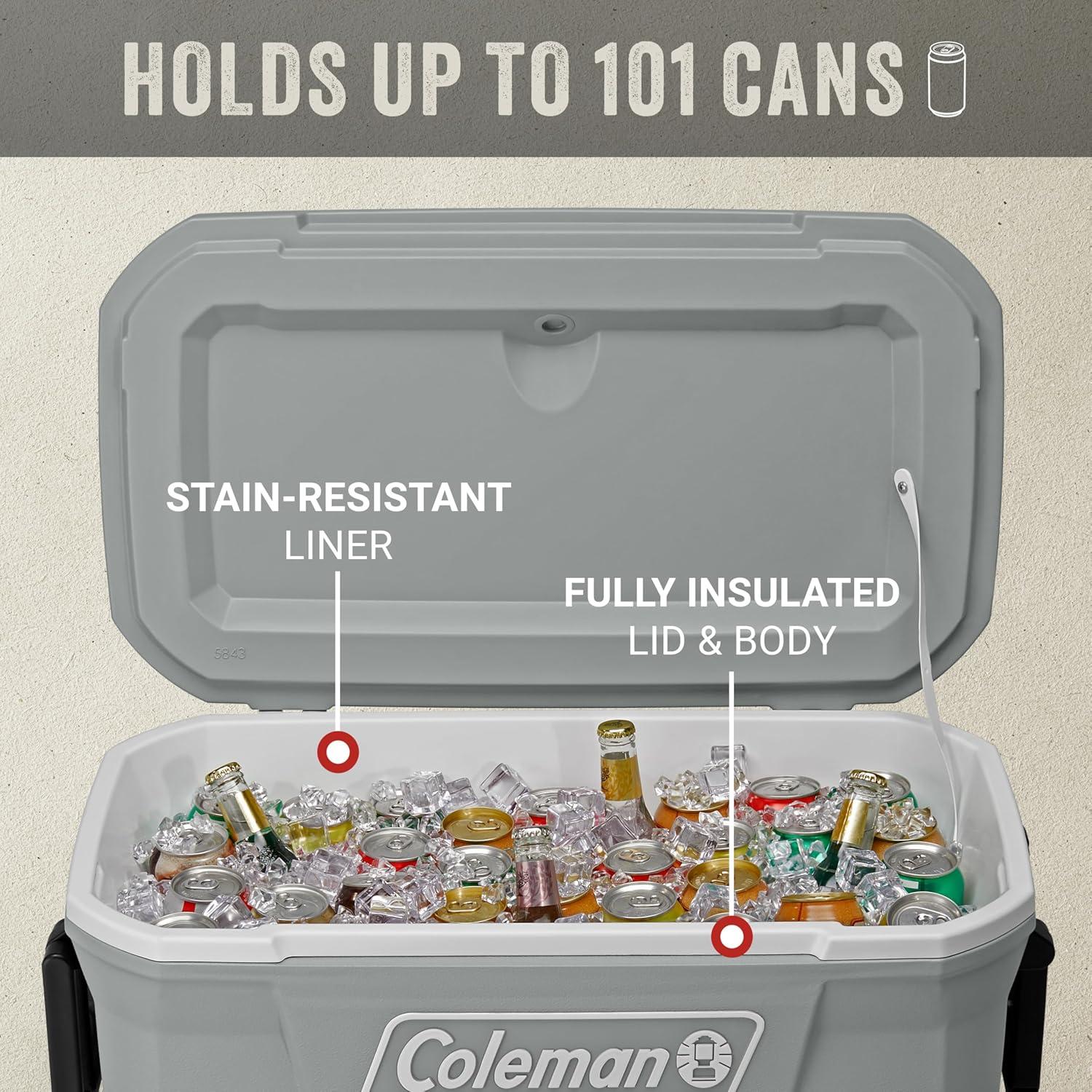 imageColeman Classic Series Insulated Portable Rolling Cooler with Wheels LeakResistant Outdoor Hard Cooler Keeps Ice up to 5 Days 100QuartRock Grey
