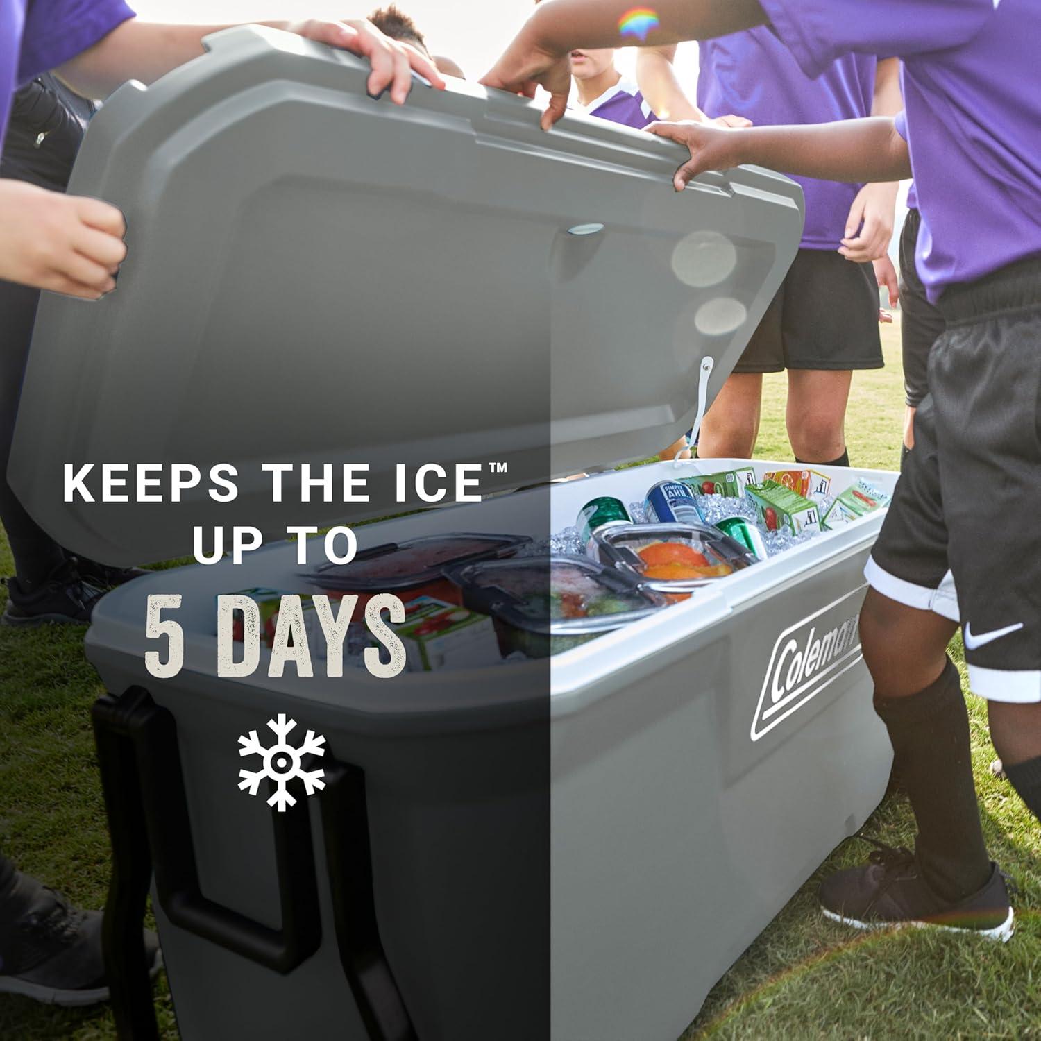 imageColeman Classic Series Insulated Portable Rolling Cooler with Wheels LeakResistant Outdoor Hard Cooler Keeps Ice up to 5 Days 100QuartRock Grey
