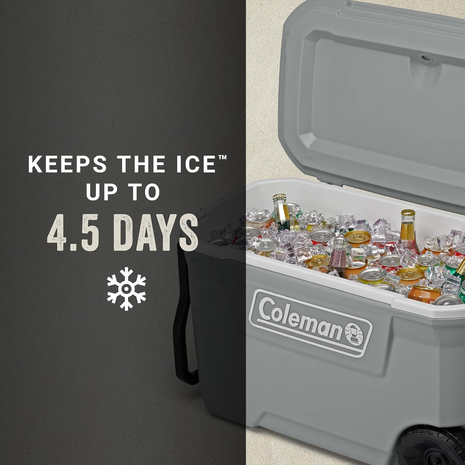 imageColeman Classic Series Insulated Portable Rolling Cooler with Wheels LeakResistant Outdoor Hard Cooler Keeps Ice up to 5 Days 100QuartRock Grey