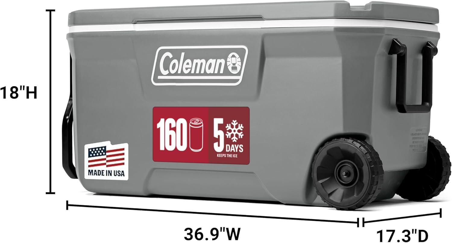 imageColeman Classic Series Insulated Portable Rolling Cooler with Wheels LeakResistant Outdoor Hard Cooler Keeps Ice up to 5 Days 100QuartRock Grey