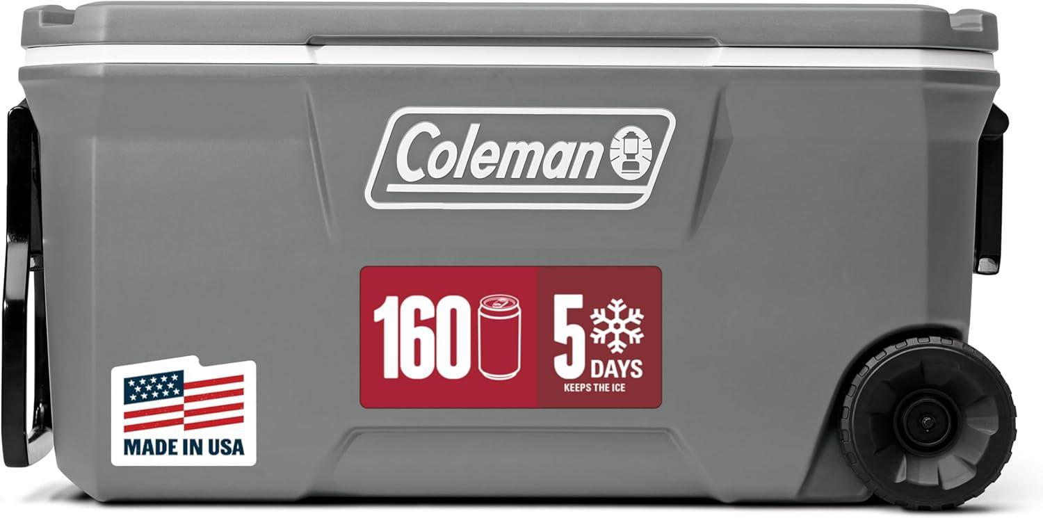 imageColeman Classic Series Insulated Portable Rolling Cooler with Wheels LeakResistant Outdoor Hard Cooler Keeps Ice up to 5 Days 100QuartRock Grey