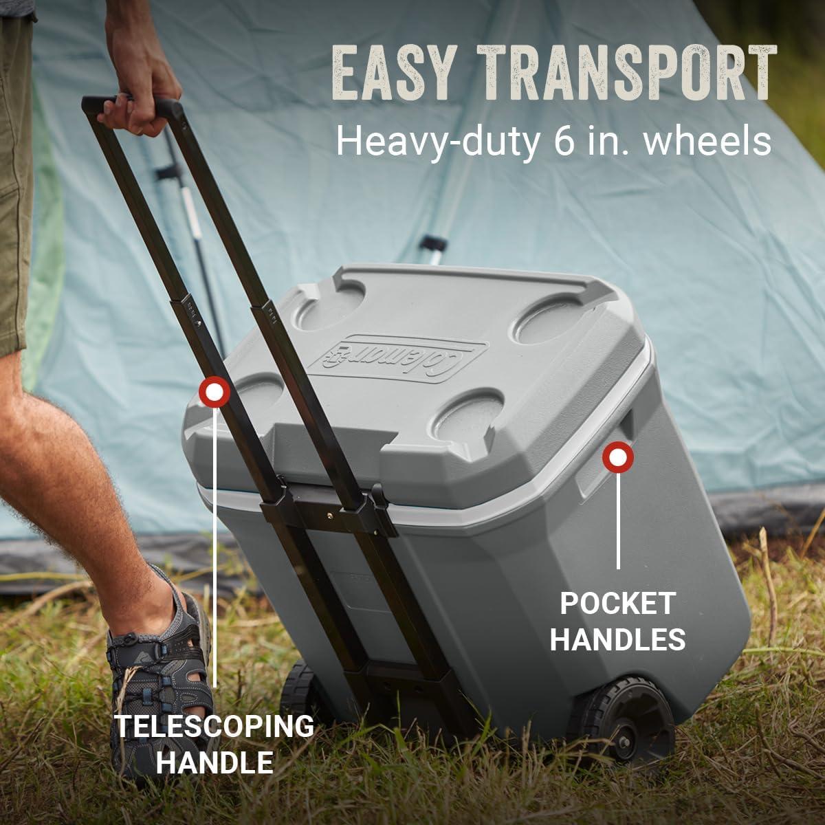 imageColeman Classic Series Insulated Portable Rolling Cooler with Wheels LeakResistant Outdoor Hard Cooler Keeps Ice up to 5 Days 100QuartRock Grey