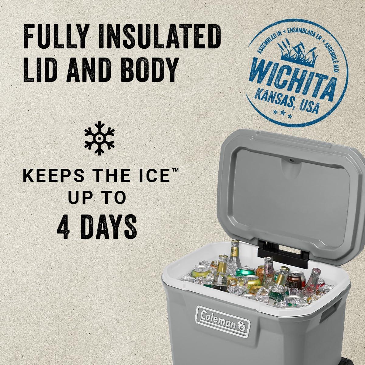 imageColeman Classic Series Insulated Portable Rolling Cooler with Wheels LeakResistant Outdoor Hard Cooler Keeps Ice up to 5 Days 100QuartRock Grey
