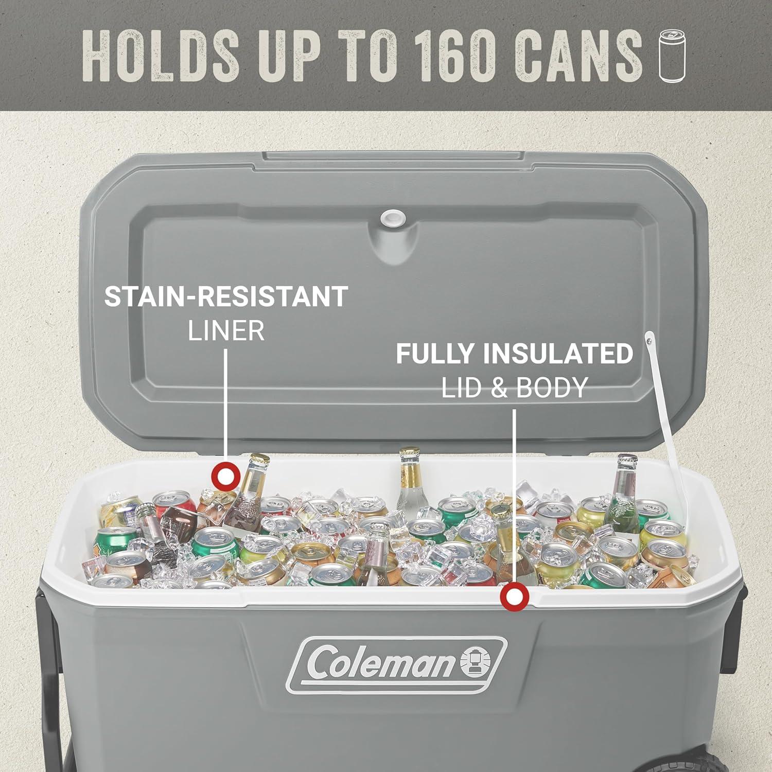 imageColeman Classic Series Insulated Portable Rolling Cooler with Wheels LeakResistant Outdoor Hard Cooler Keeps Ice up to 5 Days 100QuartRock Grey