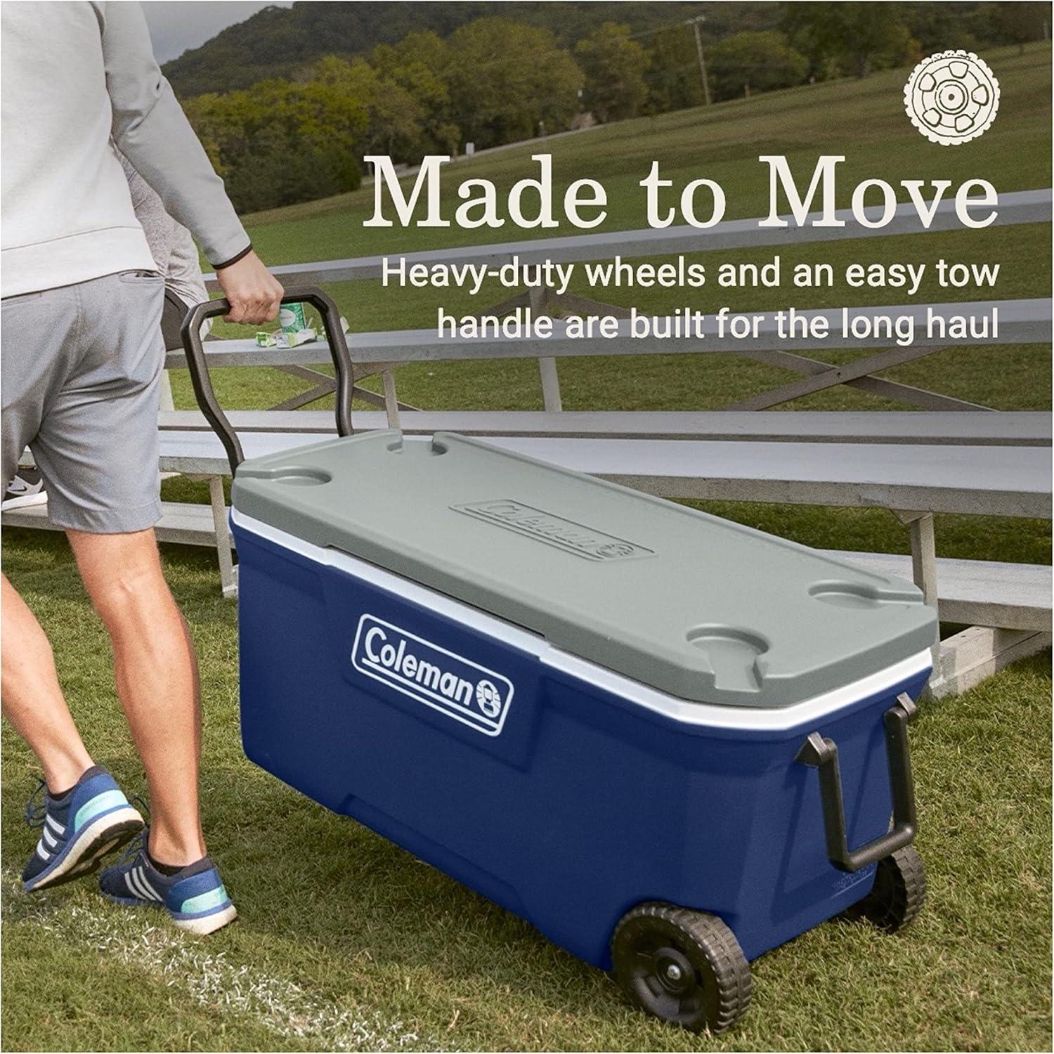 imageColeman Classic Series Insulated Portable Rolling Cooler with Wheels LeakResistant Outdoor Hard Cooler Keeps Ice up to 5 Days 100QuartTwilight