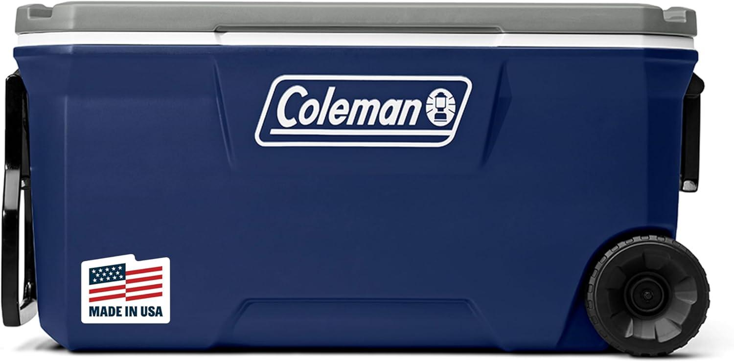 imageColeman Classic Series Insulated Portable Rolling Cooler with Wheels LeakResistant Outdoor Hard Cooler Keeps Ice up to 5 Days 100QuartTwilight
