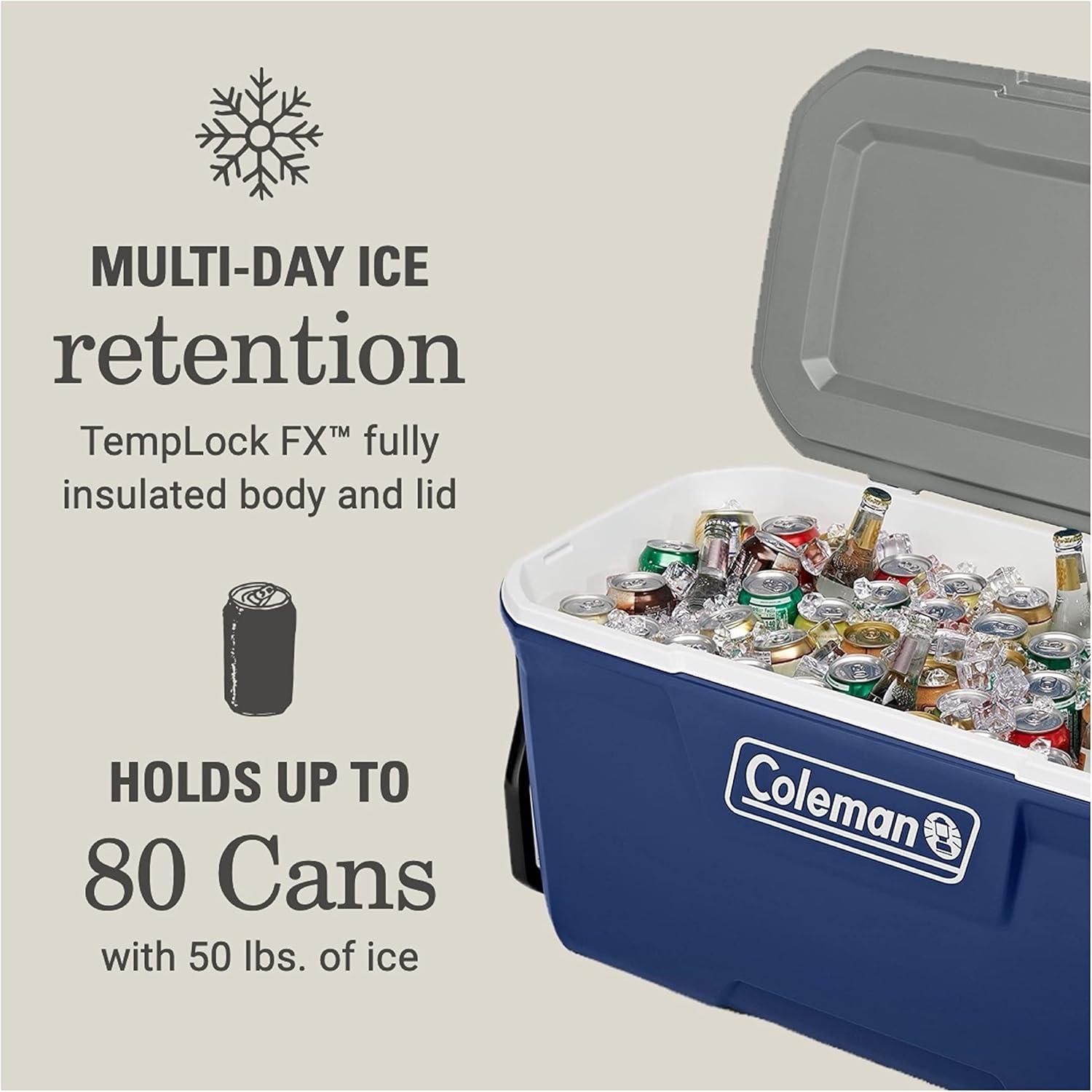 imageColeman Classic Series Insulated Portable Rolling Cooler with Wheels LeakResistant Outdoor Hard Cooler Keeps Ice up to 5 Days 100QuartTwilight