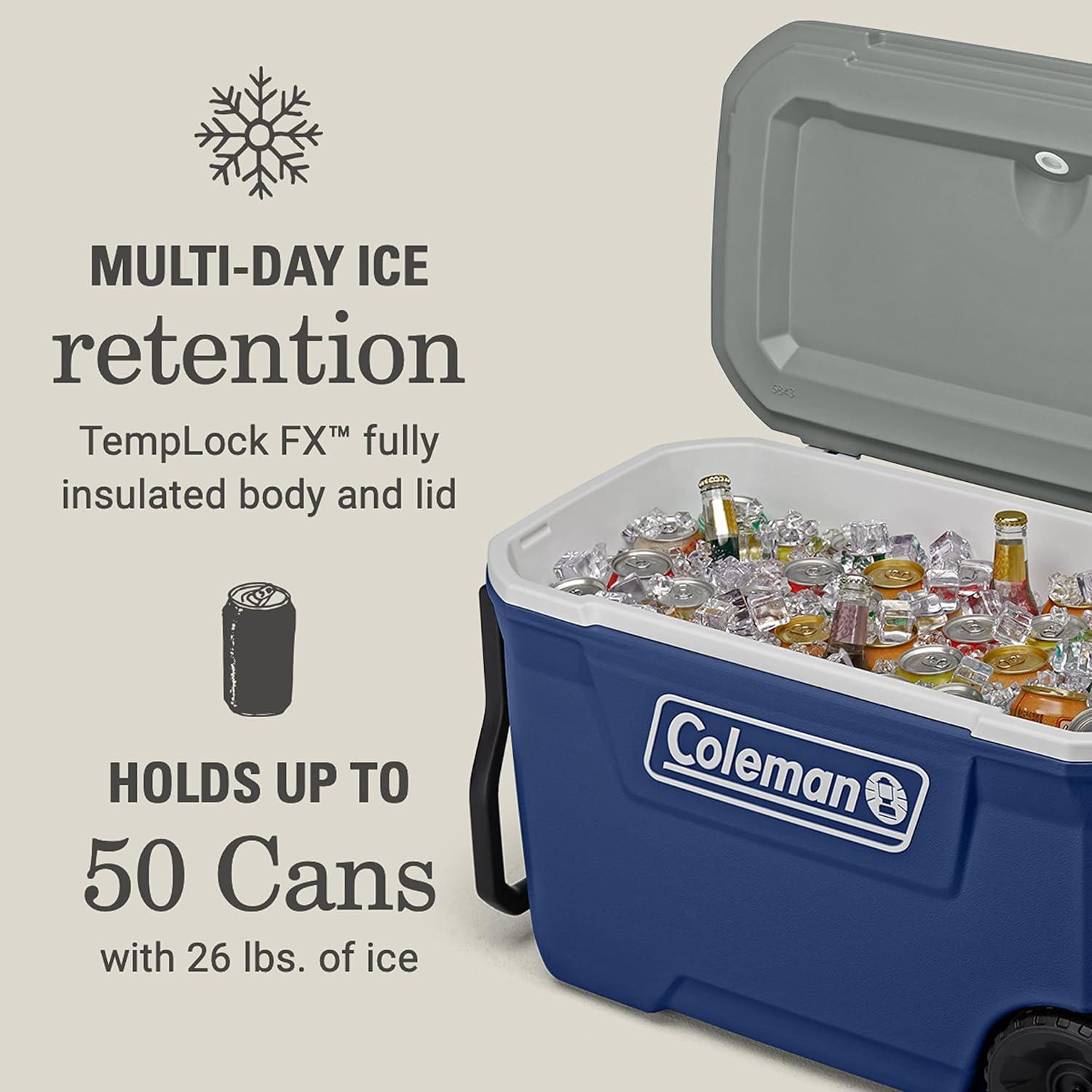 imageColeman Classic Series Insulated Portable Rolling Cooler with Wheels LeakResistant Outdoor Hard Cooler Keeps Ice up to 5 Days 100QuartTwilight