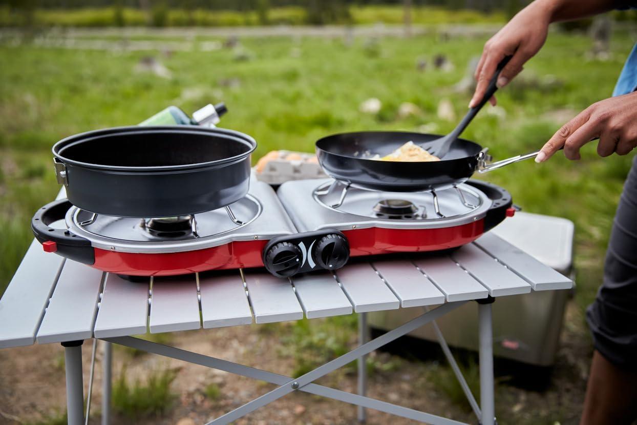 imageColeman Fold N Go 2Burner Propane Stove Dual Adjustable Burners with 20000 BTUs of Power ampamp InstaStart Ignition Great for Camping Tailgating Grilling ampamp MoreRed