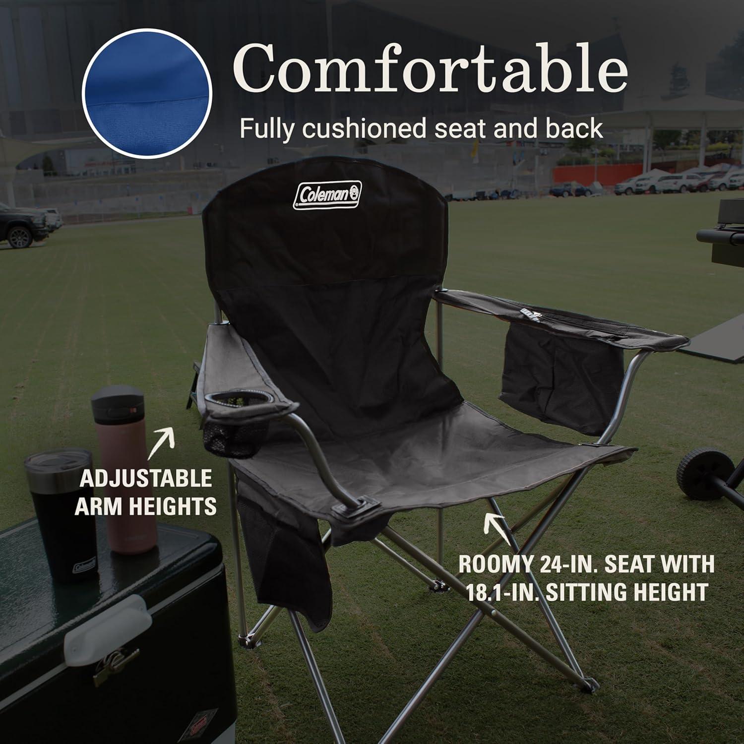 imageColeman Portable Camping Chair with 4Can Cooler Cushioned Seat ampamp Back with Side Pockets ampamp Cup Holder Carry Bag Included Great for Camping Tailgating Firepits Patio ampamp MoreBlue