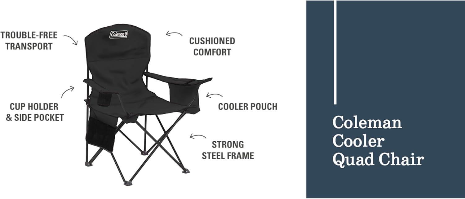 imageColeman Portable Camping Chair with 4Can Cooler Cushioned Seat ampamp Back with Side Pockets ampamp Cup Holder Carry Bag Included Great for Camping Tailgating Firepits Patio ampamp MoreBlack