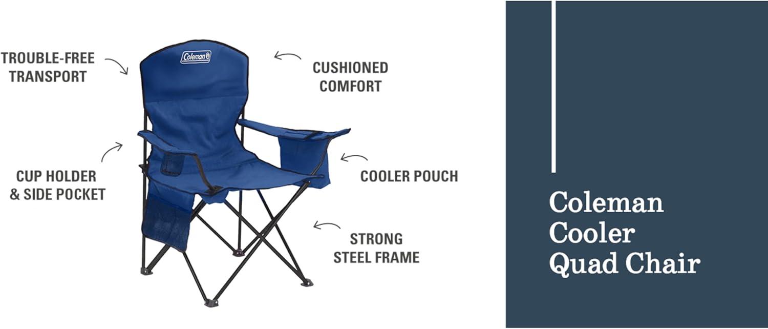 imageColeman Portable Camping Chair with 4Can Cooler Cushioned Seat ampamp Back with Side Pockets ampamp Cup Holder Carry Bag Included Great for Camping Tailgating Firepits Patio ampamp MoreBlue