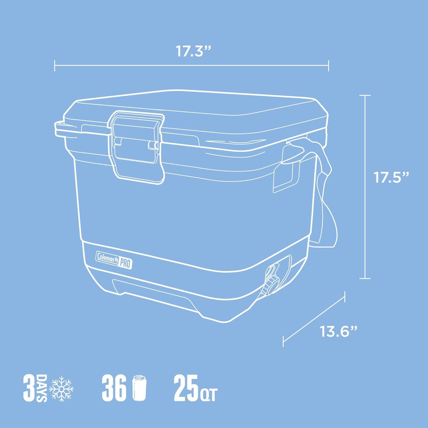 imageColeman Pro HeavyDuty 25qt UltraLight Premium Hard Cooler ExtraThick Insulation Keeps Ice up to 3 Days 36Can CapacityBlue Sky
