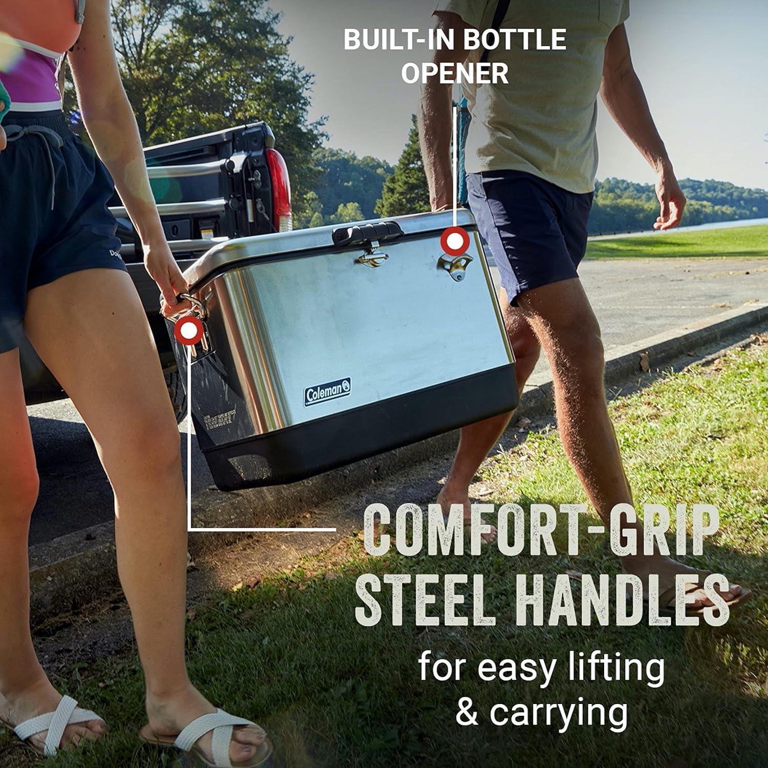imageColeman Reunion Premium Portable Cooler 54qt Steel Belted LeakResistant HeavyDuty Latch Handles ampamp Drain Builtin Bottle Opener Perfect for Camping Tailgating Beach ampamp PicnicStainless Steel