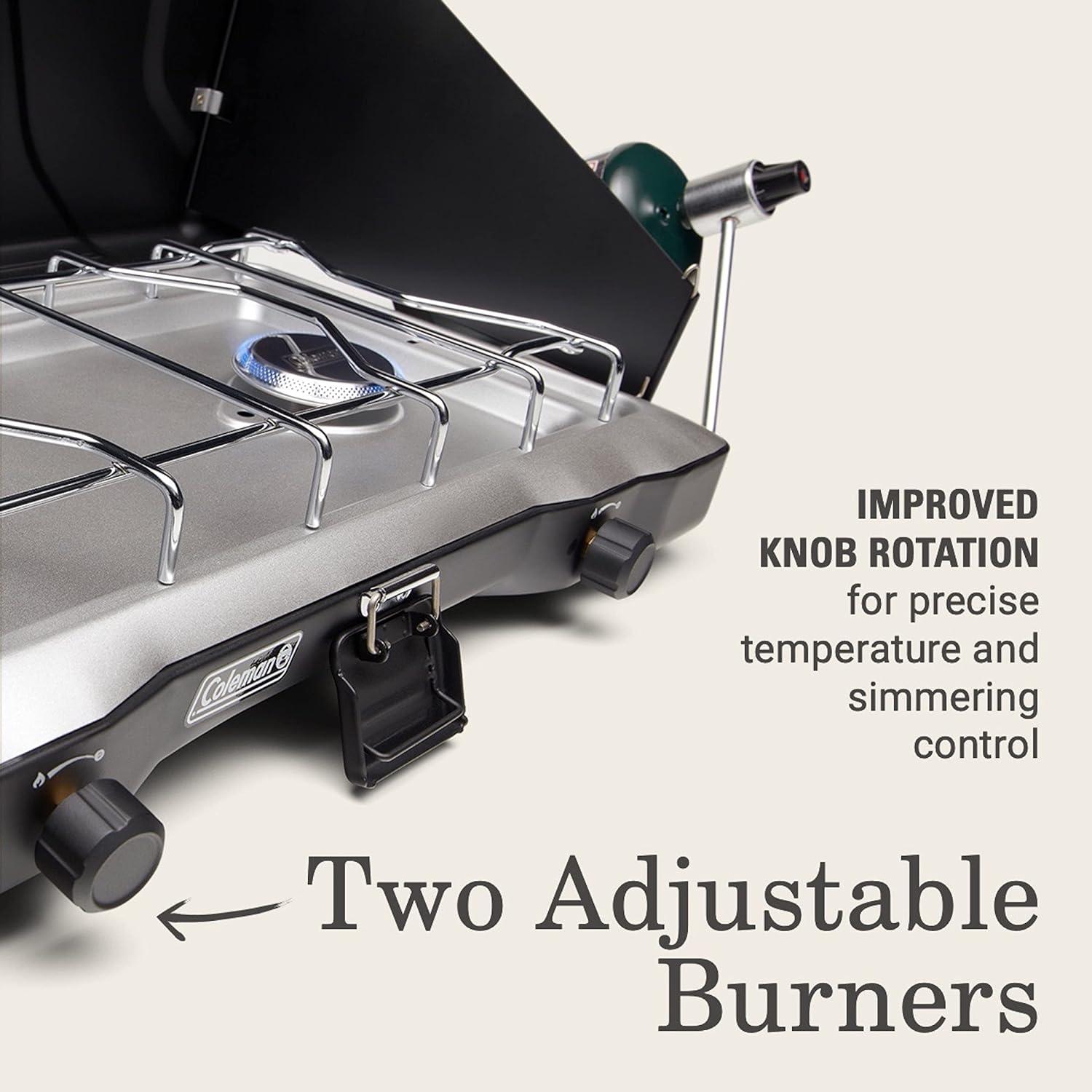 imageColeman Triton 2Burner Propane Stove Portable Camping Cooktop with 2 Adjustable Burners ampamp Wind Guards 22000 BTUs of Power for Camping Tailgating Grilling BBQ ampamp MoreMatte Black
