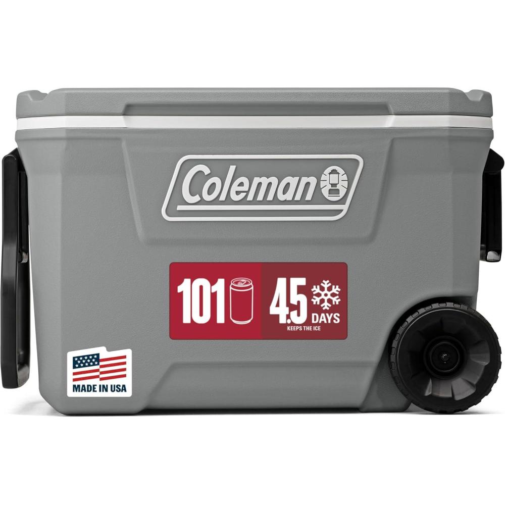 imageColeman Classic Series Insulated Portable Rolling Cooler with Wheels LeakResistant Outdoor Hard Cooler Keeps Ice up to 5 Days 100QuartRock Grey