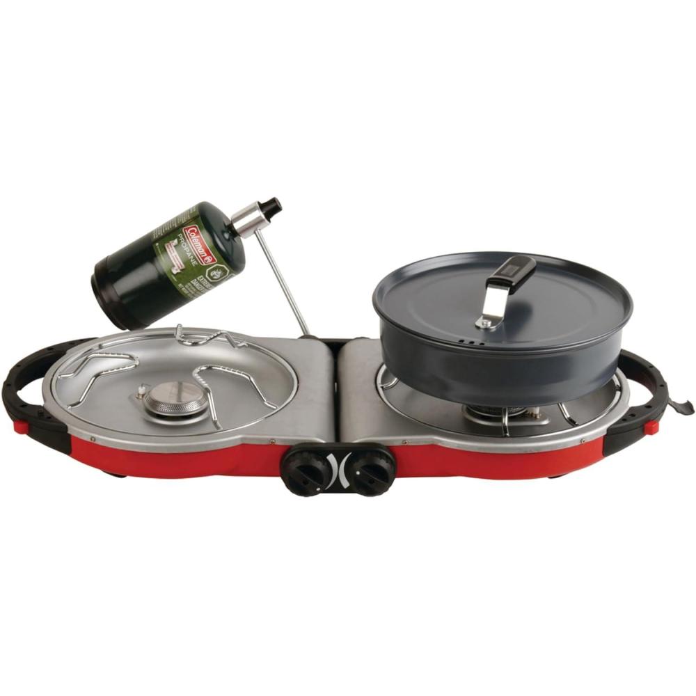 imageColeman Fold N Go 2Burner Propane Stove Dual Adjustable Burners with 20000 BTUs of Power ampamp InstaStart Ignition Great for Camping Tailgating Grilling ampamp MoreRed