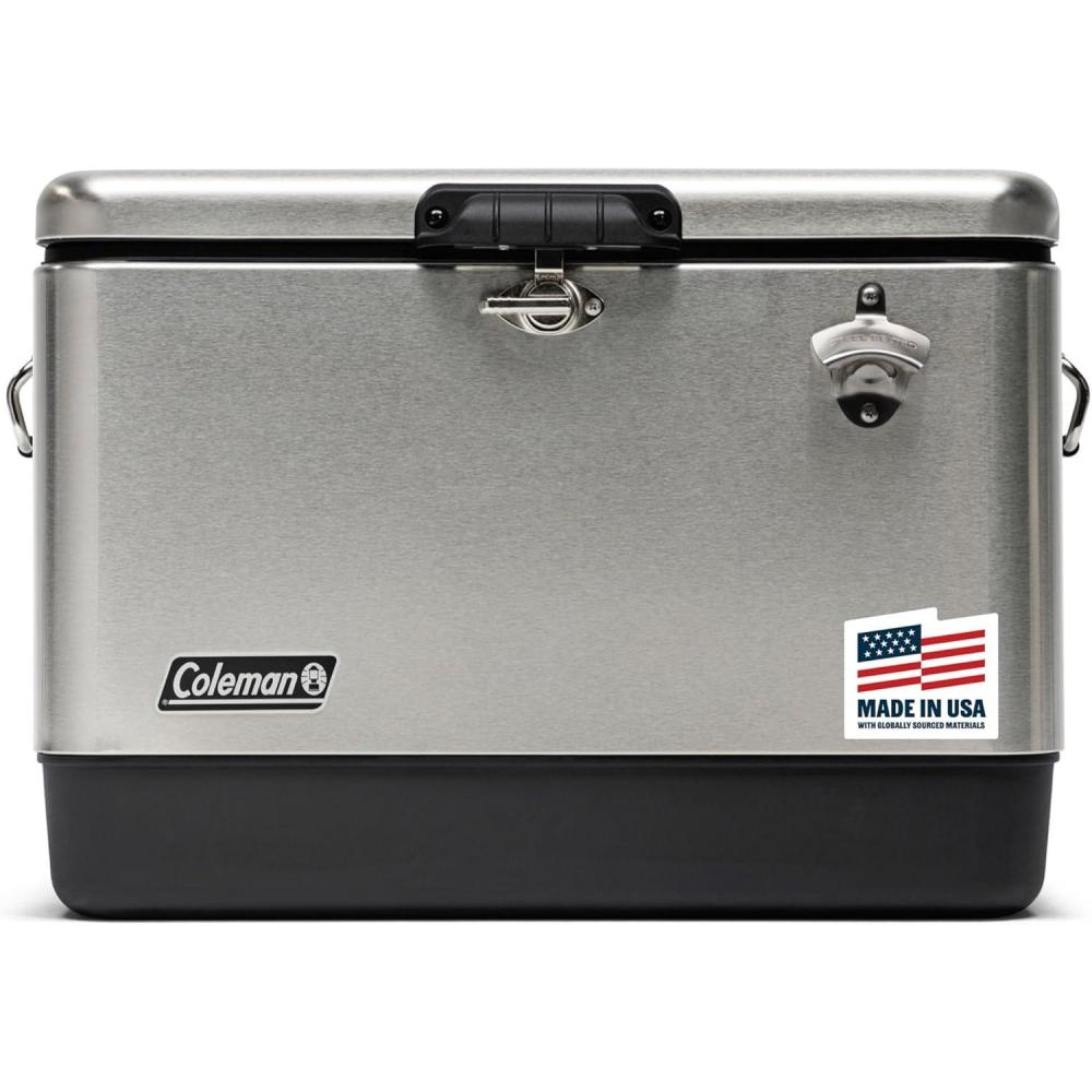 imageColeman Reunion Premium Portable Cooler 54qt Steel Belted LeakResistant HeavyDuty Latch Handles ampamp Drain Builtin Bottle Opener Perfect for Camping Tailgating Beach ampamp PicnicStainless Steel