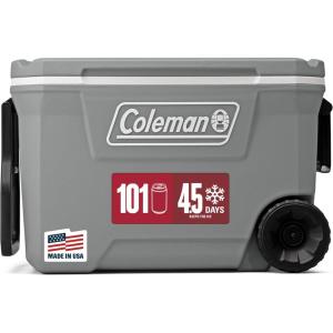 Coleman Classic Series Insulated Portable Rolling Cooler with Wheels, Leak-Resistant Outdoor Hard Cooler Keeps Ice up to 5 Days, 100-Quart(Rock Grey)