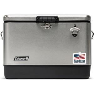 Coleman Reunion Premium Portable Cooler 54qt Steel Belted Leak-Resistant Heavy-Duty Latch Handles & Drain Built-in Bottle Opener Perfect for Camping Tailgating Beach & Picnic(Stainless Steel)