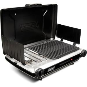 Coleman Tabletop 2-in-1 Grill & Stove with 2 Adjustable Burners, Propane Grill/Stove with Push-Button Starter, Wind Guards, Grease Tray, & 20,000 BTUs of Power for Camping, Tailgating, & More