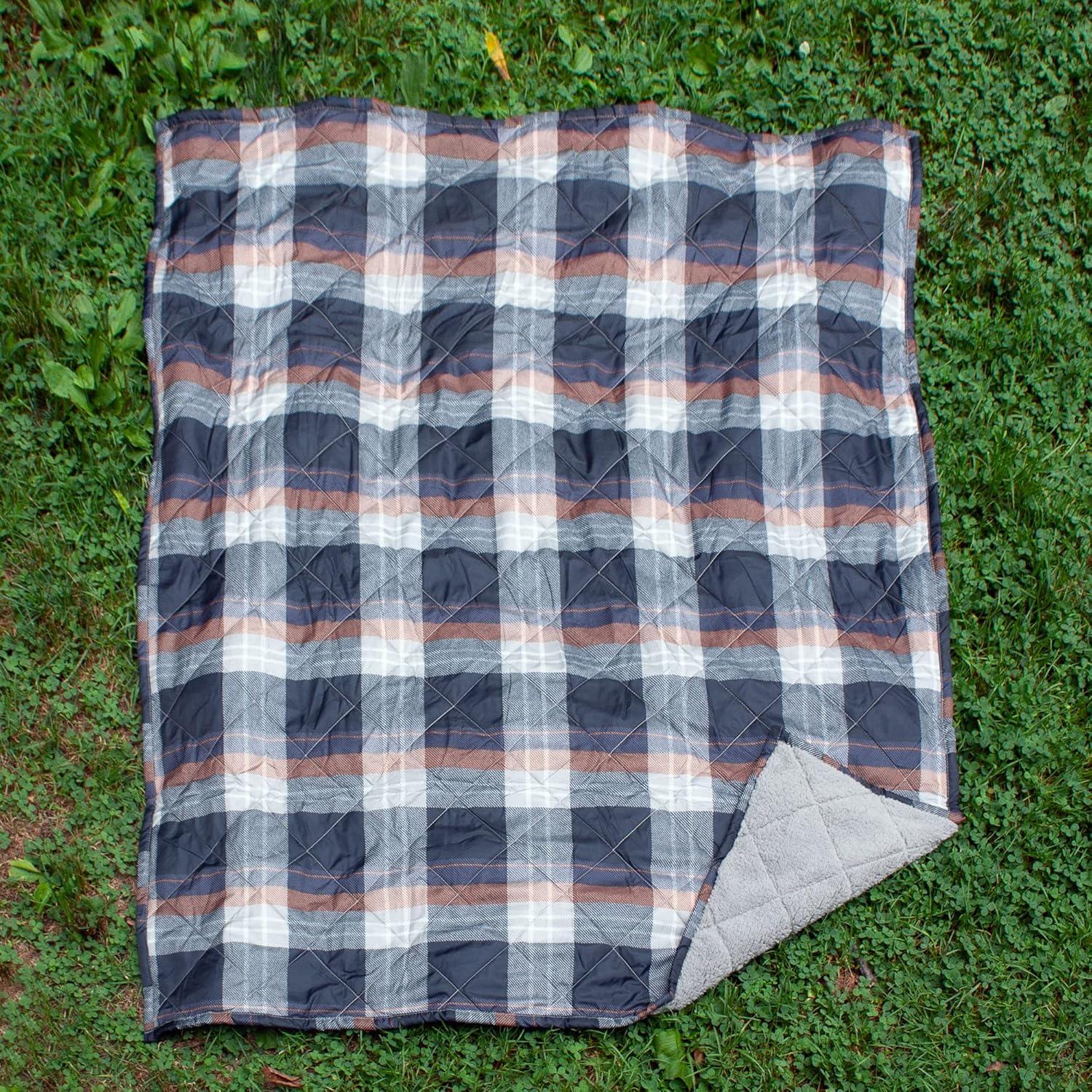 imageCathay Home Coleman Indoor Outdoor Reversible Water Resistant and Sherpa Throw Blanket 50x60 Inch Taupe CMTH107Navy