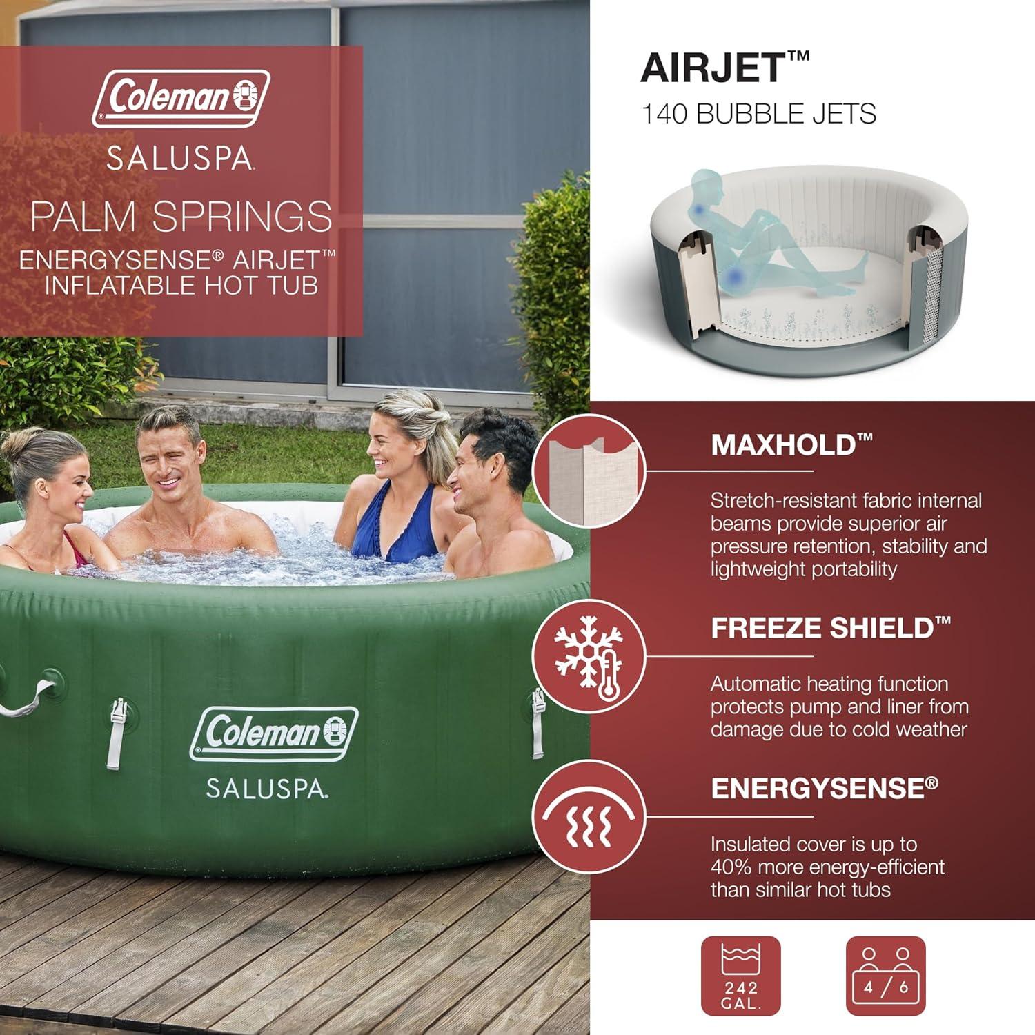 imageColeman Palm Springs 4 to 6 Person EnergySense Smart AirJet Plus Inflatable Hot Tub Outdoor Spa with 140 AirJets and Insulated Cover4 Capacity Forest Green