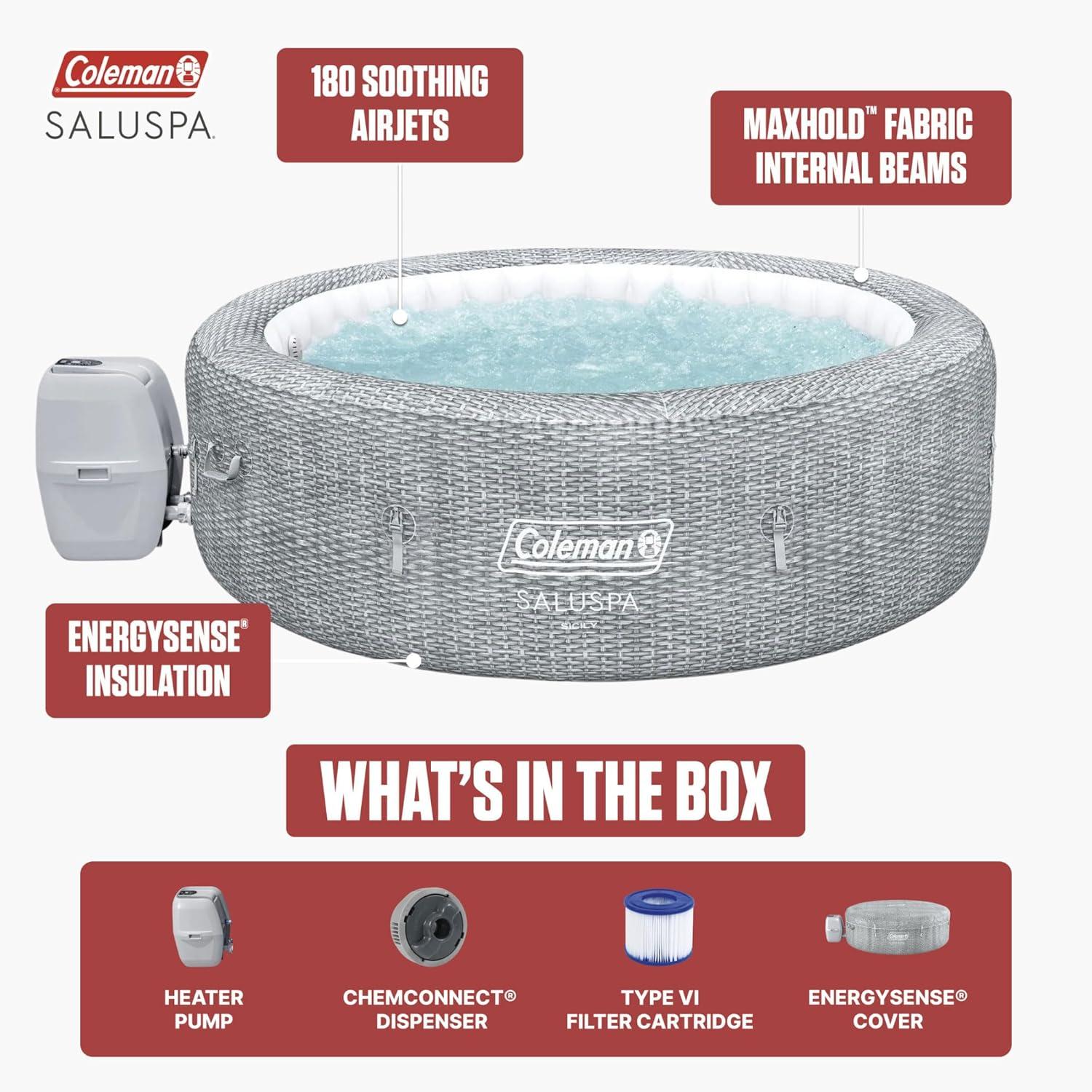 imageColeman SaluSpa AirJet 7 Person Inflatable Hot Tub Round Portable Outdoor Spa with 180 Soothing AirJets and Insulated Cover Gray Sicily StandardEnergy Efficient 20