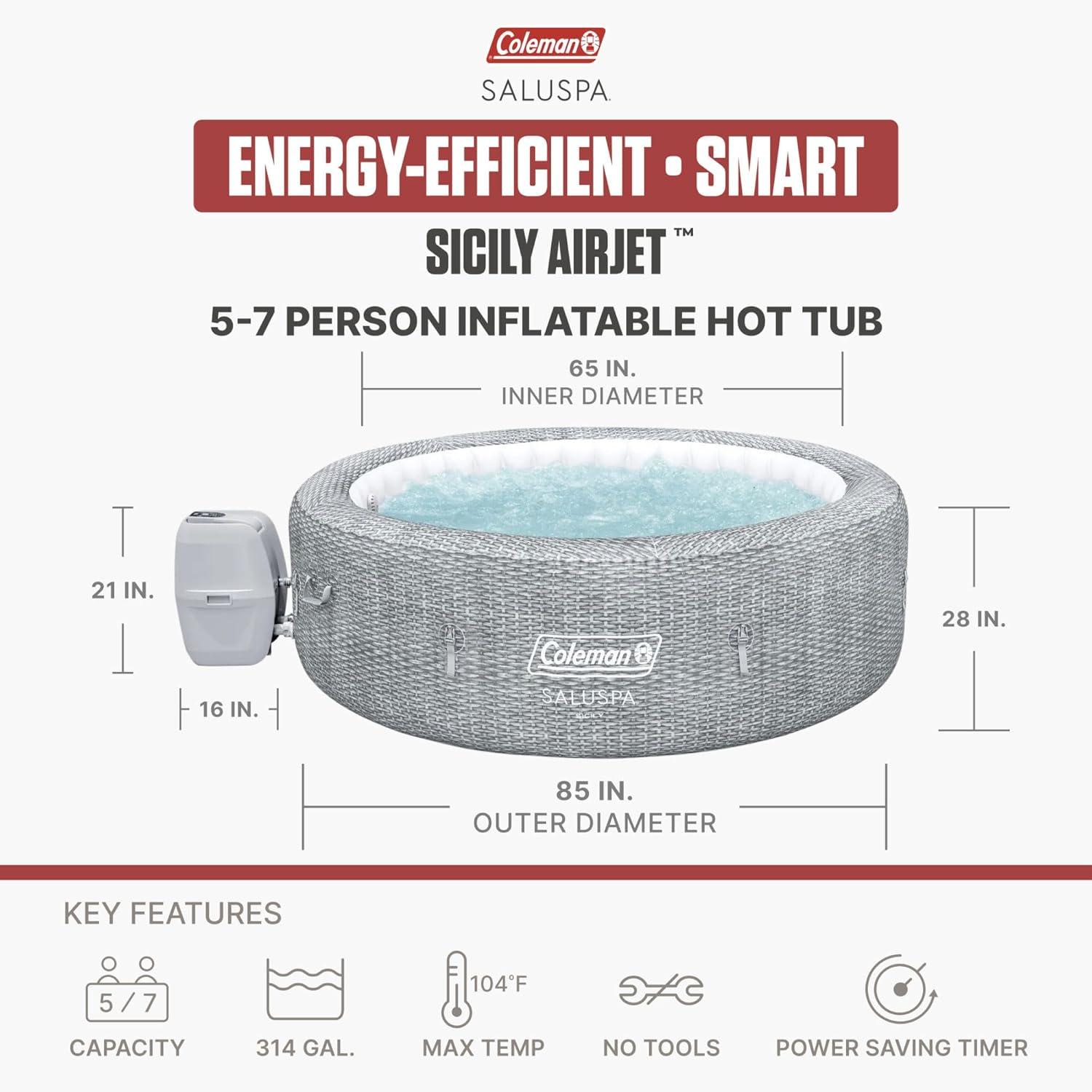 imageColeman SaluSpa AirJet 7 Person Inflatable Hot Tub Round Portable Outdoor Spa with 180 Soothing AirJets and Insulated Cover Gray Sicily StandardEnergy Efficient 20