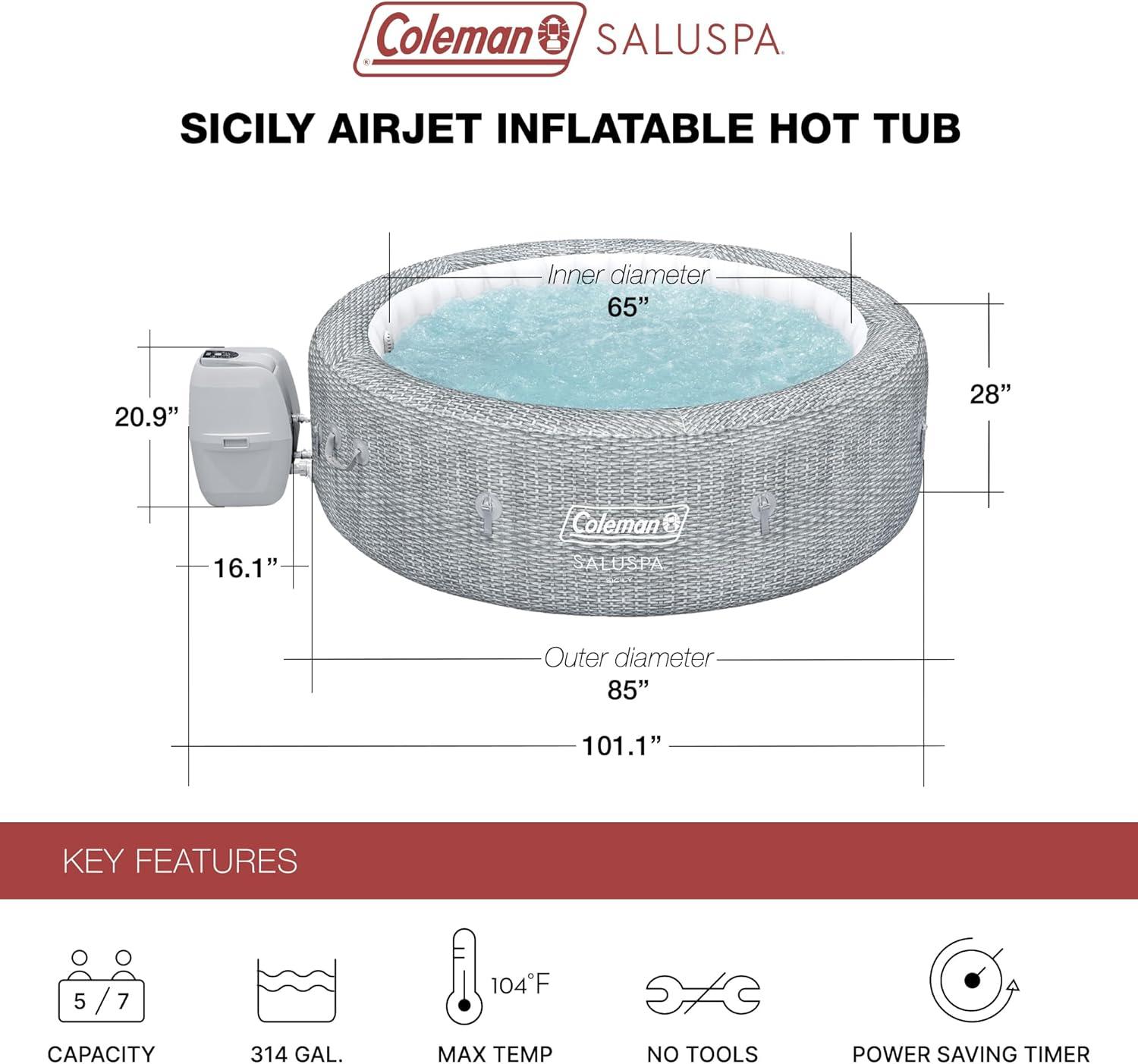 imageColeman SaluSpa AirJet 7 Person Inflatable Hot Tub Round Portable Outdoor Spa with 180 Soothing AirJets and Insulated Cover Gray Sicily StandardSicily Standard