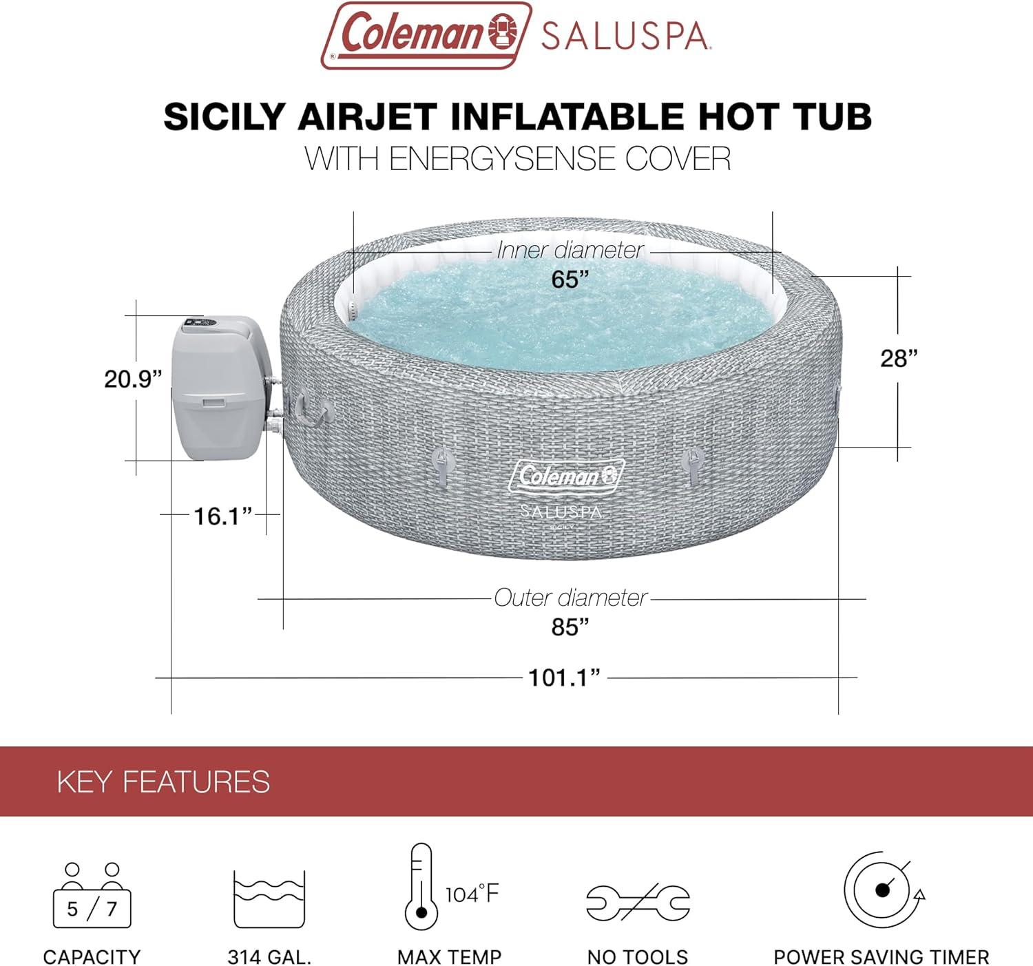 imageColeman SaluSpa AirJet 7 Person Inflatable Hot Tub Round Portable Outdoor Spa with 180 Soothing AirJets and Insulated Cover Gray Sicily StandardSicily EnergySense