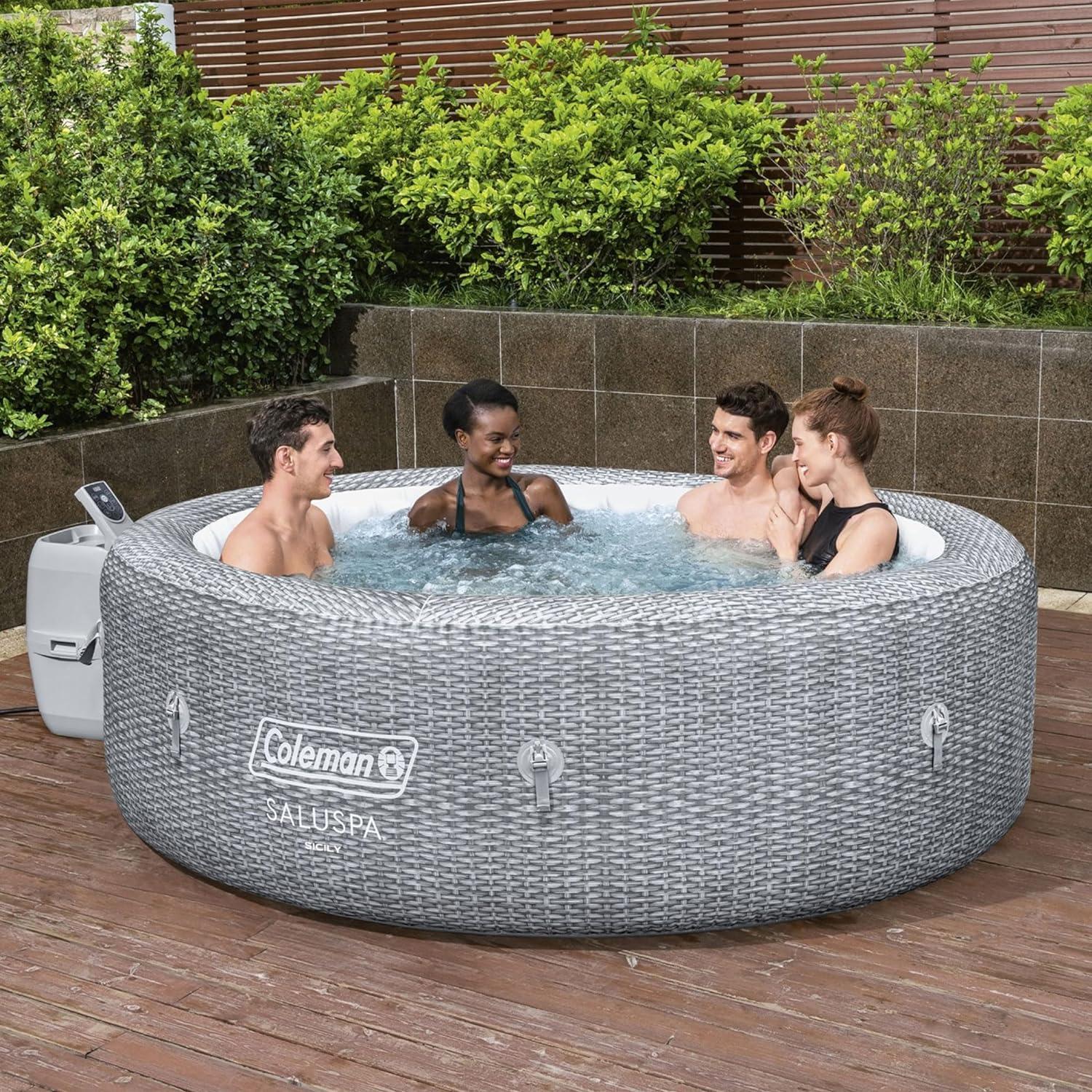 imageColeman SaluSpa AirJet 7 Person Inflatable Hot Tub Round Portable Outdoor Spa with 180 Soothing AirJets and Insulated Cover Gray Sicily StandardSicily EnergySense