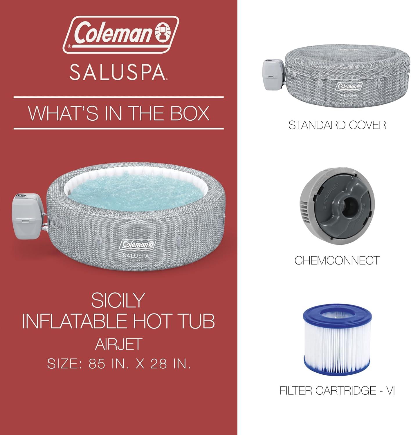 imageColeman SaluSpa AirJet 7 Person Inflatable Hot Tub Round Portable Outdoor Spa with 180 Soothing AirJets and Insulated Cover Gray Sicily StandardSicily Standard