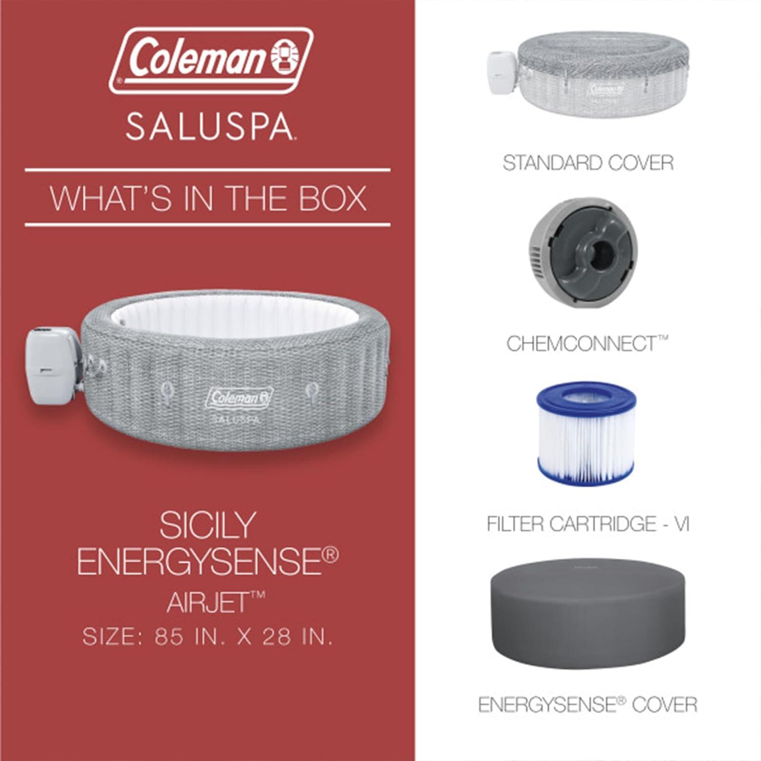 imageColeman SaluSpa AirJet 7 Person Inflatable Hot Tub Round Portable Outdoor Spa with 180 Soothing AirJets and Insulated Cover Gray Sicily StandardSicily EnergySense