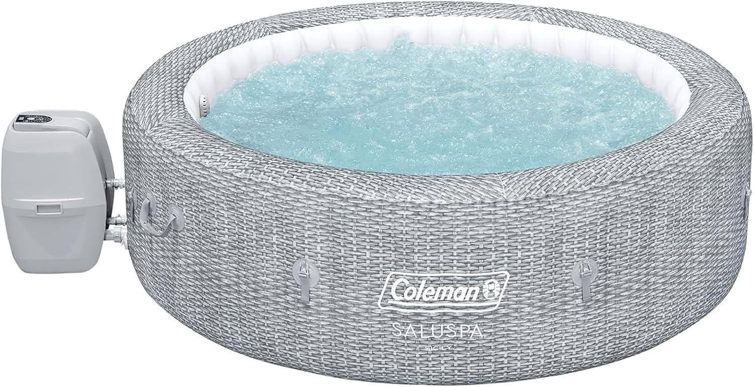 imageColeman SaluSpa AirJet 7 Person Inflatable Hot Tub Round Portable Outdoor Spa with 180 Soothing AirJets and Insulated Cover Gray Sicily StandardSicily EnergySense
