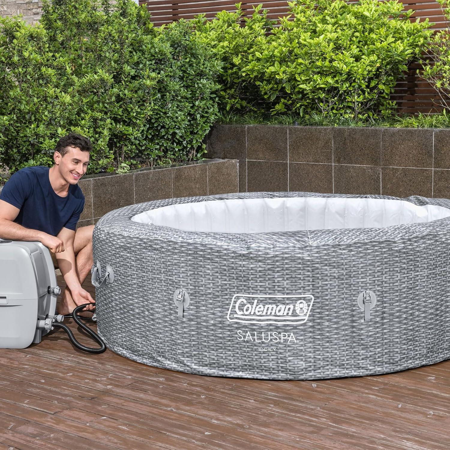 imageColeman SaluSpa AirJet 7 Person Inflatable Hot Tub Round Portable Outdoor Spa with 180 Soothing AirJets and Insulated Cover Gray Sicily StandardSicily Standard