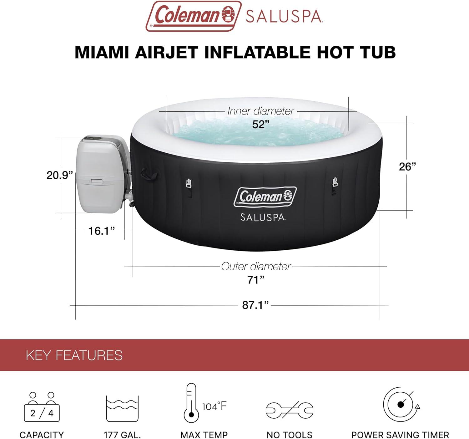 imageColeman SaluSpa Miami AirJet 2 to 4 Person Round Inflatable Hot Tub Portable Outdoor Spa with 120 Soothing AirJets and Insulated Cover BlackBlack