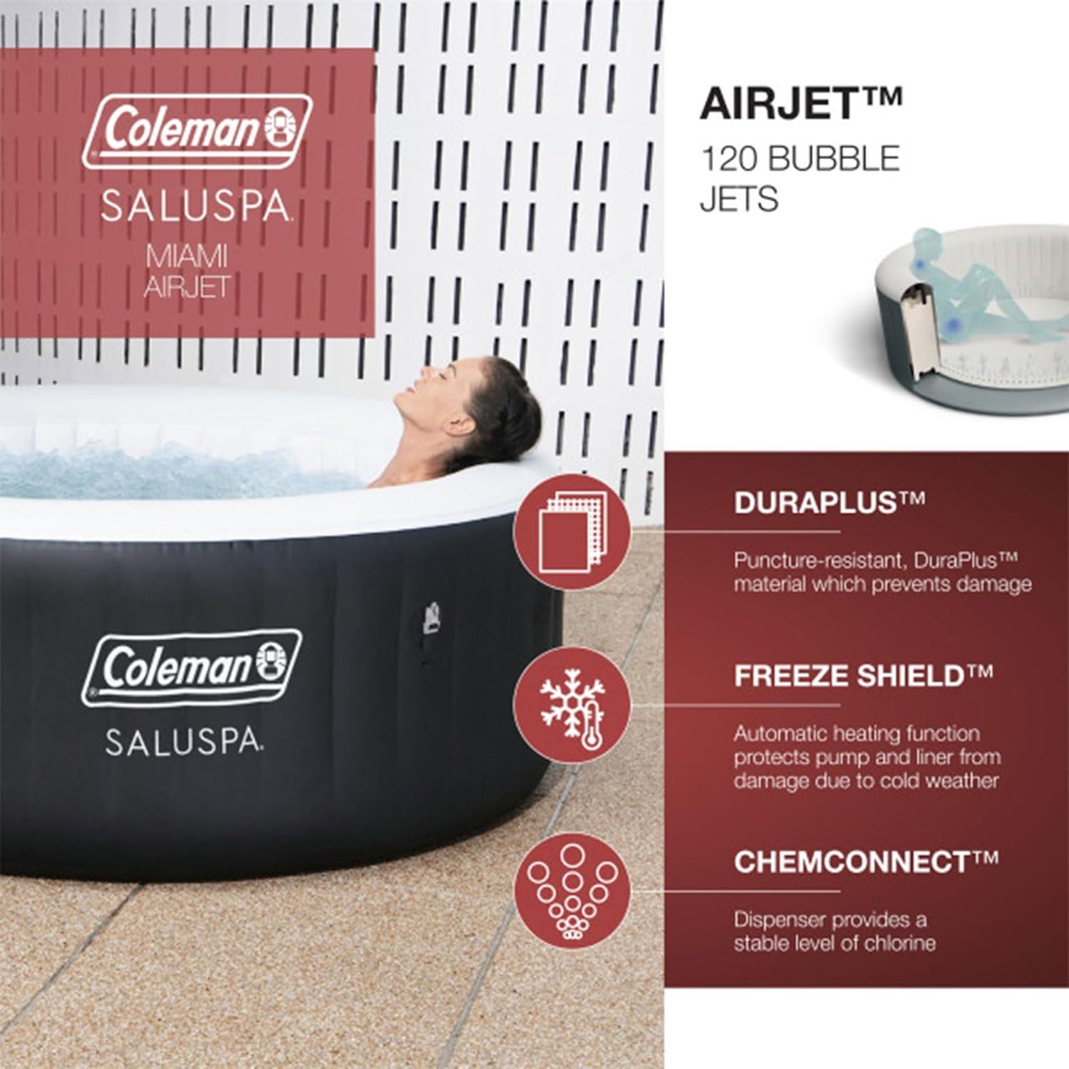 imageColeman SaluSpa Miami AirJet 2 to 4 Person Round Inflatable Hot Tub Portable Outdoor Spa with 120 Soothing AirJets and Insulated Cover BlackBlack