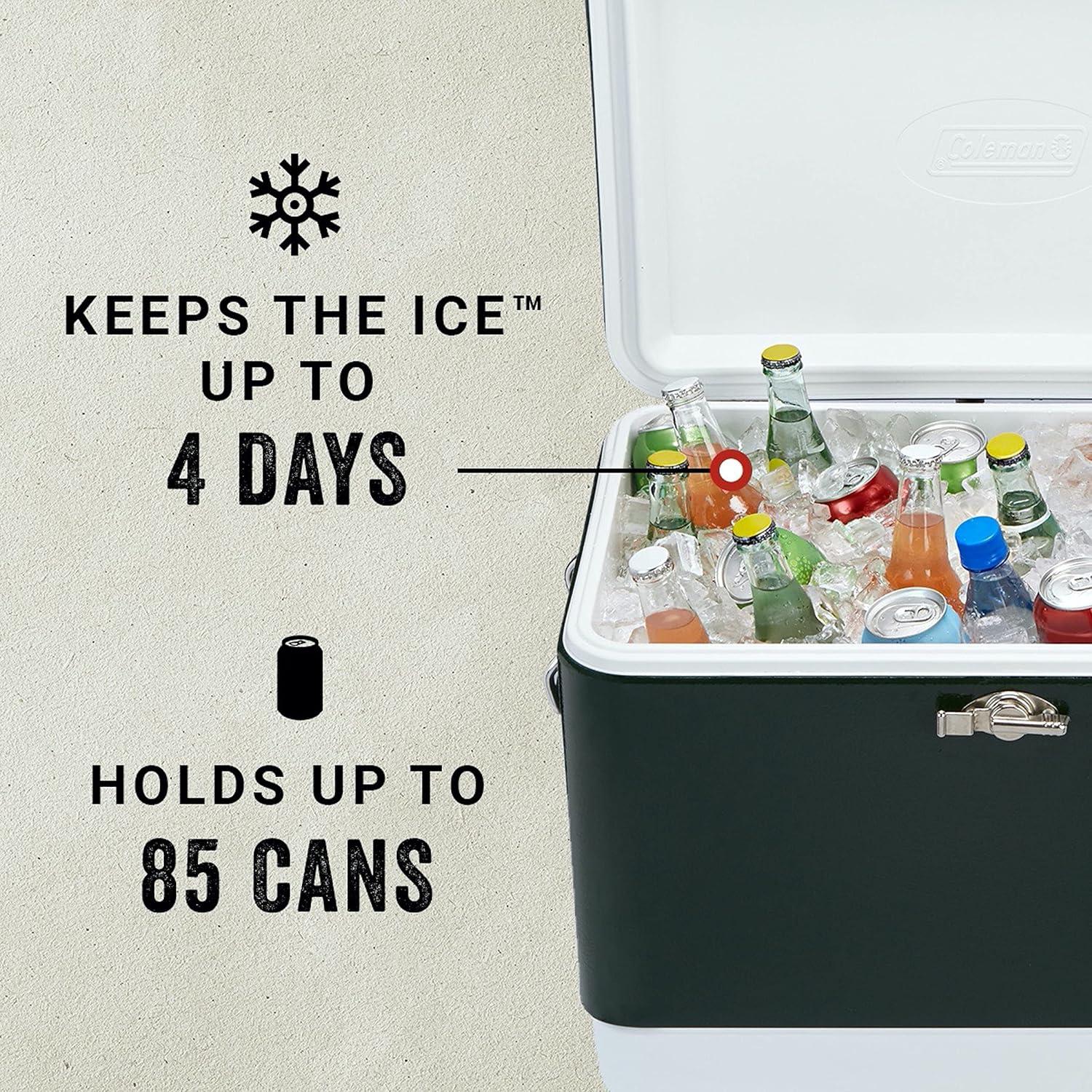 imageColeman Vintage 54qt Steel Belted Cooler Keeps Ice Up to 4 Days 85Can Capacity Hard Cooler with Drain ampamp HaveASeat LidGreen