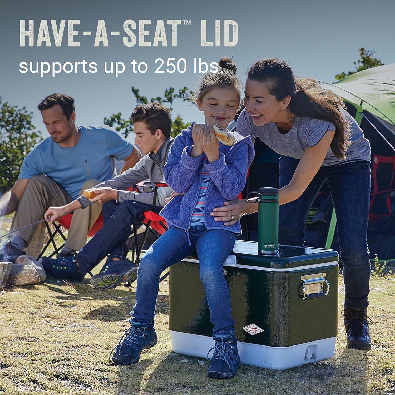 imageColeman Vintage 54qt Steel Belted Cooler Keeps Ice Up to 4 Days 85Can Capacity Hard Cooler with Drain ampamp HaveASeat LidGreen