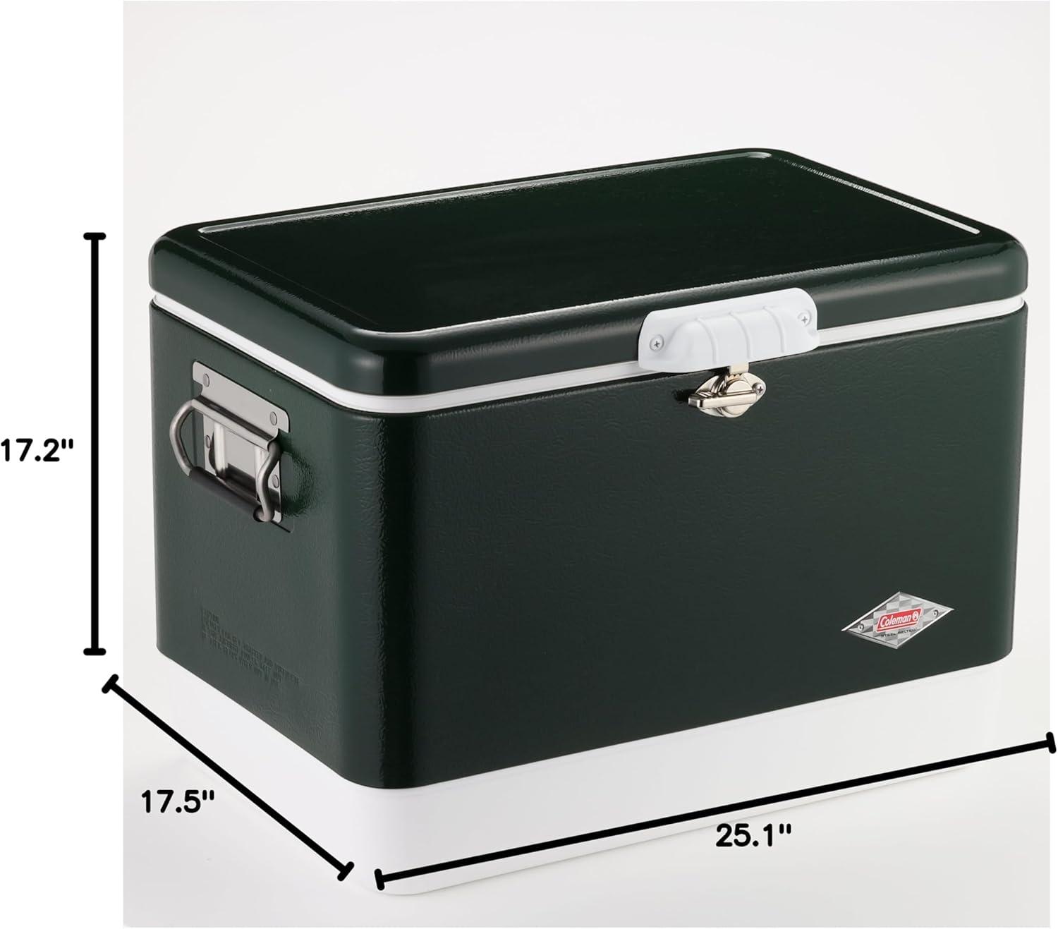 imageColeman Vintage 54qt Steel Belted Cooler Keeps Ice Up to 4 Days 85Can Capacity Hard Cooler with Drain ampamp HaveASeat LidGreen